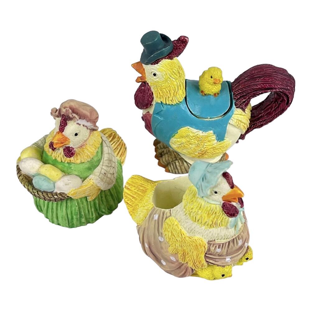VTG Miniature Rooster Chicken TEAPOT SUGAR BOWL CREAMER Figurines Resin Hen